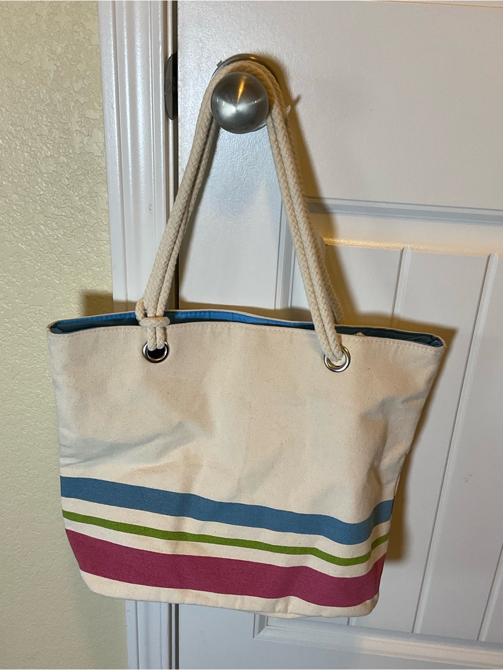 Canvas Stripe Tote Bag in Cream with Blue, Green & Pink Stripes beach or pool